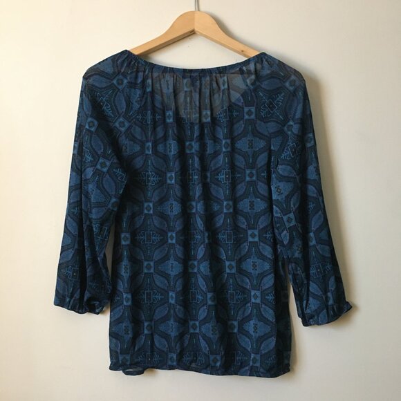 Moody Blue Semi Sheer V-neck Tribal Boho Blouse - Picture 2 of 15